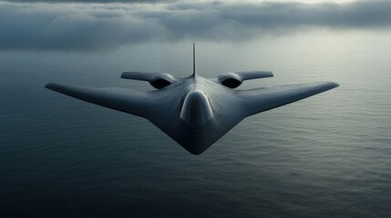 Stealth fighter jet flying low over ocean, radar-absorbing surface, futuristic weaponry