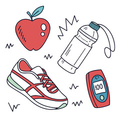 Red apple water bottle running shoe and glucose meter sneaker