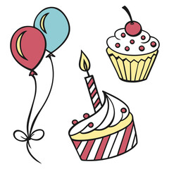 Red blue balloons and cupcakes with lit candle and cherry birthday celebration