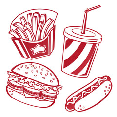 Red outline fast food icons burger fries soda hot dog french fries