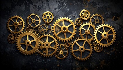 Golden gears on dark textured surface