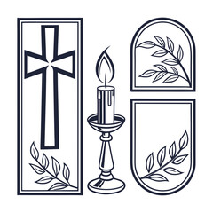 Religious icons cross candle flame laurel branches vector