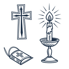 Religious symbols cross candle bible flame vector