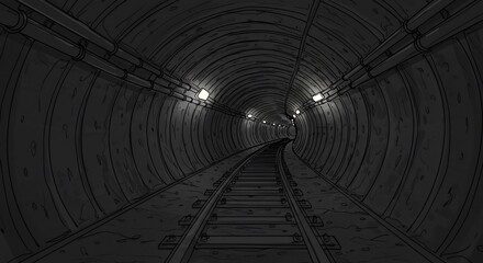 Dark Underground Railway Tunnel with Curving Tracks and Dim Lighting