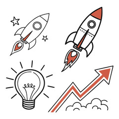 Rockets lightbulb growth arrow stars clouds vector
