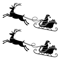 Santa Claus riding reindeer sleigh with gifts christmas