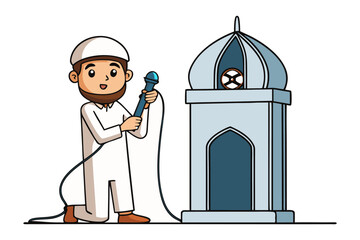 Young muslim man in traditional attire holding a microphone near a mosque minaret illustrating religious devotion and communication