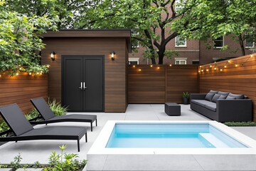 Modern backyard oasis features a plunge pool and lounge area.