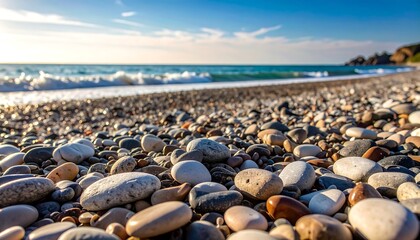Pebbly beach shore at sunset (1)