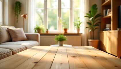 Fototapeta premium a cozy living room with a wooden table in the foreground, Interior of a Canadian Living Room, Living room in summer home, created with generative ai