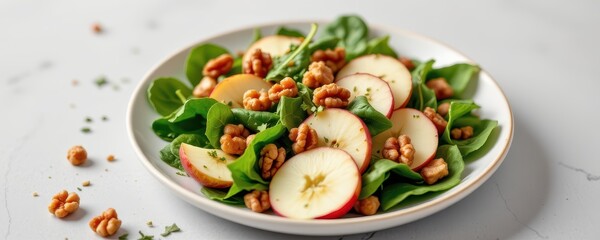 a salad with spinach walnuts sliced apples and olive oil dressing heart healthy and perfect for blood type a clean background