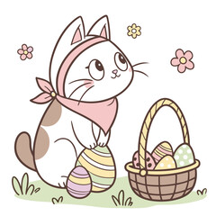 An adorable British Shorthair cat with a Shy vibe, with a scarf, and a Spring Bloom Easter theme – SVG style