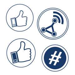 Social media icons thumbs up share hashtag blue like