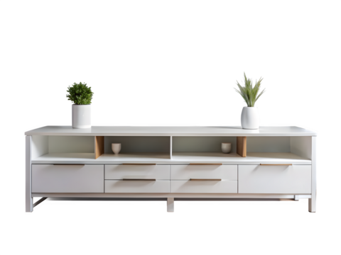 Elegant white media console with plants enhances modern living room decor beautifully