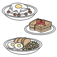 Stacked pancakes with fried egg and berries toast with strawberries and baked beans with eggs