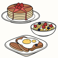 Stacked pancakes with strawberries and syrup fried egg and toast with sausages and berries cereal