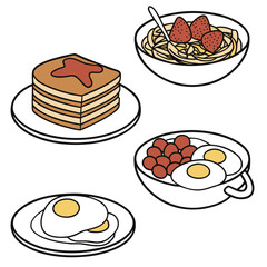 Stacked pancakes with syrup and assorted breakfast dishes strawberries cereal