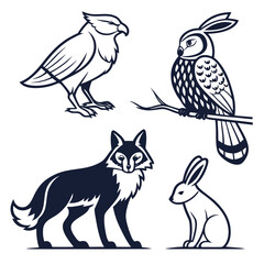 Stylized dark blue forest animals owl fox rabbit eagle bird