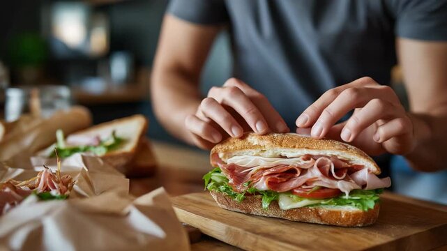 Man is making a sandwich with ham and lettuce. He is putting the sandwich on a wooden cutting board. person assembling sandwich from multiple unwrapped deli items, listeria