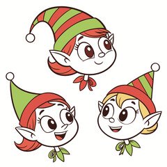 Three cheerful cartoon elf heads with striped hats cute