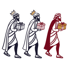 Three kings bearing gifts in stylized art three wise men presents