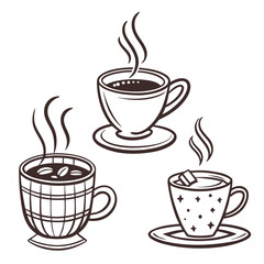 Three steaming cups of coffee and tea hot drink