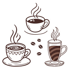 Three steaming cups of coffee with coffee beans cocoa hot drink