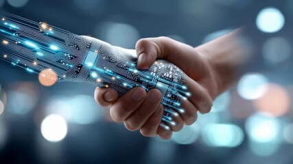 Digital handshake representing technology collaboration and partnership in business. - Powered by Adobe