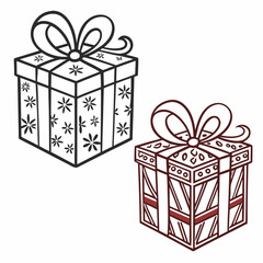 Two stylized gift boxes with ribbons and decorative patterns present holiday