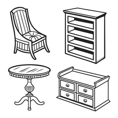 Vintage furniture collection chair table shelf drawers vector