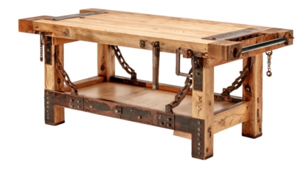 Vintage wooden workbench with metal accents