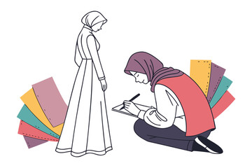 Muslim fashion designer sketching a modest dress design with fabric swatches and a mannequin illustration