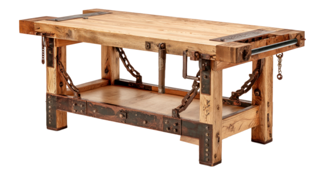 Vintage wooden workbench with metal accents