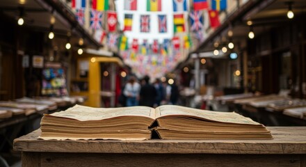 Open antique map rests on a table within a bustling international marketplace.