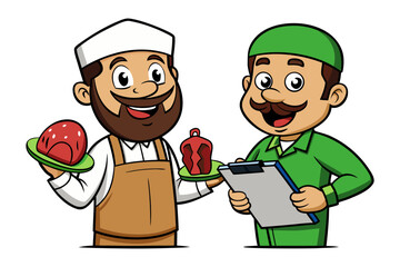 Friendly butcher and customer discussing meat quality and freshness with a smile and clipboard