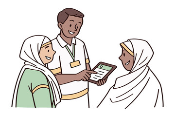 Diverse group of people collaborating and sharing information on a digital tablet in a friendly and engaging discussion