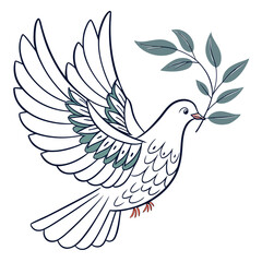White dove carrying olive branch symbol of peace bird leaves