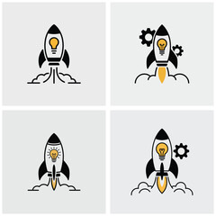 Four Black and Yellow Rocket Ship Icons with Lightbulb and Gear Illustrations Launching on Light Gray Background Startup Business Concept