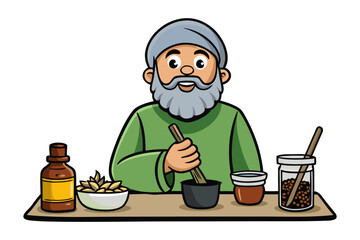 A cheerful bearded man in a turban engaged in traditional medicine preparation with various herbs and ingredients