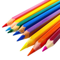 Close-up of assorted colored pencils, points angled