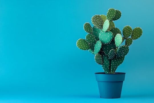 A prickly pear cactus in a pot on a blue background - Powered by Adobe