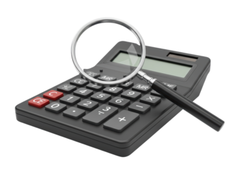 Isolated Calculator with Magnifying Glass Financial Analysis