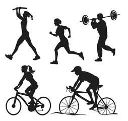 Silhouette of a cyclist riding a bike vector illustration showing a person cycling in action with sport and mountain biking elements