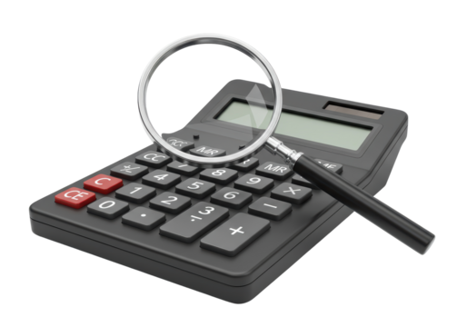 Isolated Calculator with Magnifying Glass Financial Analysis