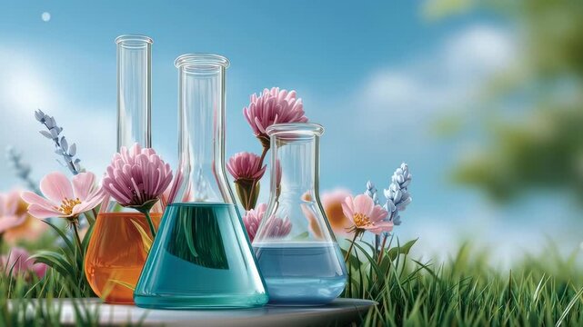 Bright chemistry illustration with flowers and scientific equipment.