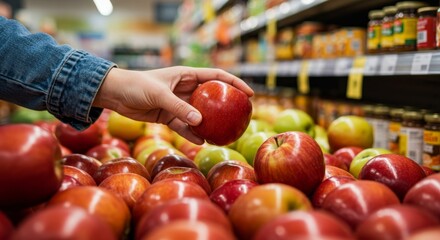 Hand Selecting Fresh Red Apples at Grocery Store