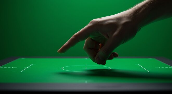 Hand Touching Green Digital Soccer Field on Touchscreen in Low Light Environment