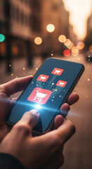 Close-up of hands holding smartphone displaying shopping cart icons, symbolizing online shopping, e-commerce, and mobile payment