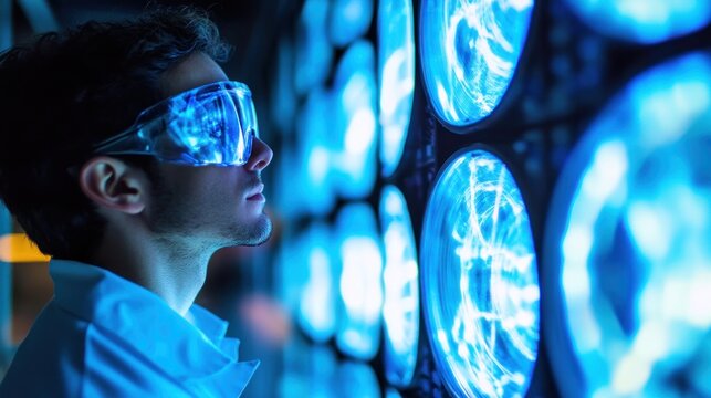 Man examines glowing screens - Powered by Adobe