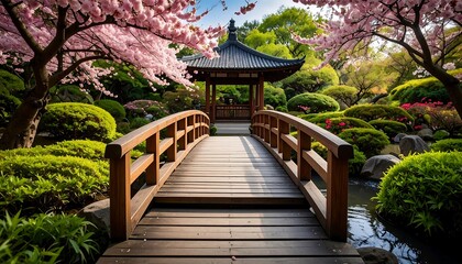 Fototapeta premium Japanese garden with cherry blossoms and bridge